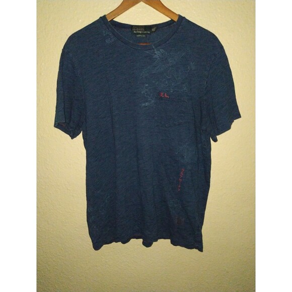 Vintage Polo Ralph Lauren Indigo Blue T Shirt Pocket Koi Fish Crane Size XL rrl - Picture 2 of 7